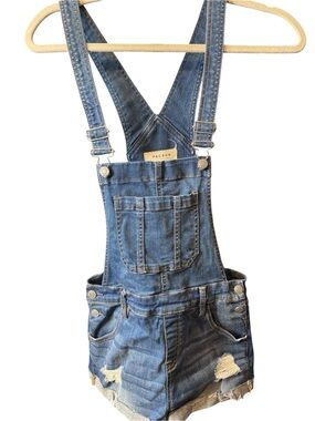 PacSun Dark Blue Denim Overalls short women’s Sz 26 cowgirl stretchy pockets